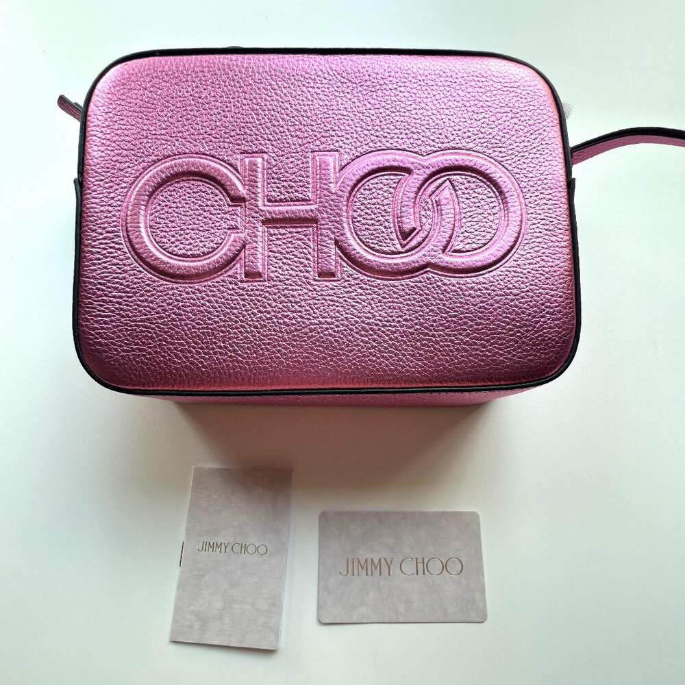 3602 JIMMY CHOO BAG PINK METALLIC CAMERA BAG WITH DUSTBAG AND SERIAL NUMBER CARD